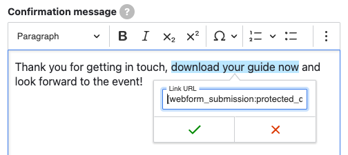 Screenshot of using a download token for a link in the confirmation message setting.