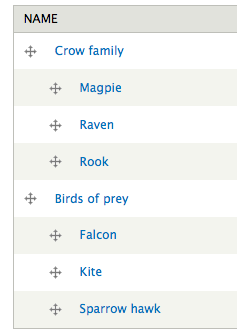 Listing of the species vocabulary