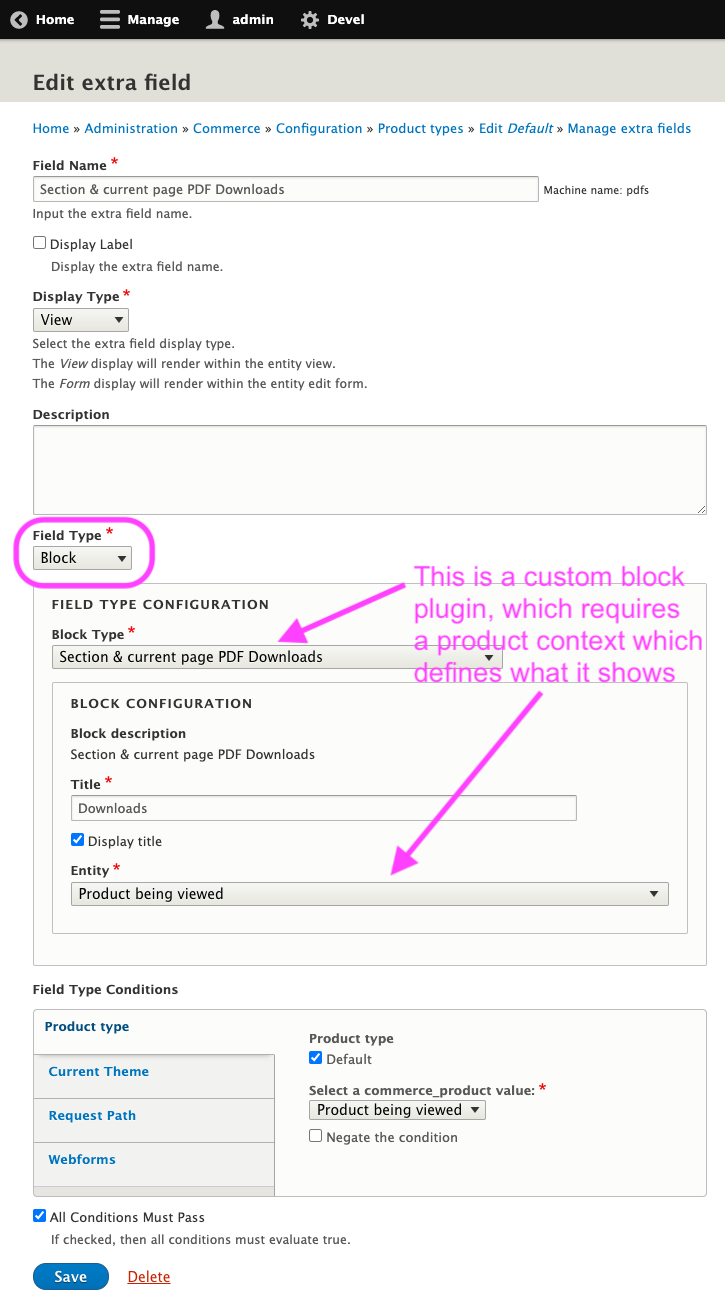 Entity extra field administrative interface for selecting a context-aware block to add to an entity display.