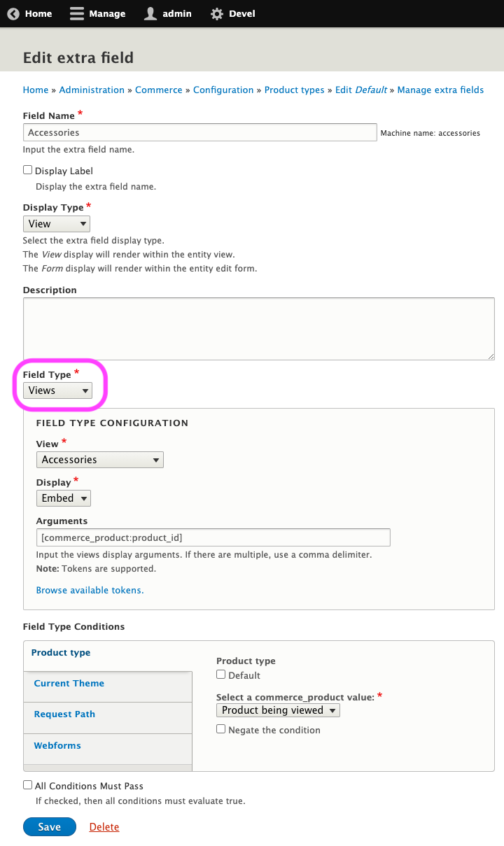 Entity extra field administrative interface for selecting a view to add to an entity display.