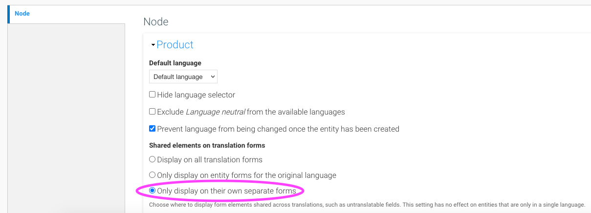 Entity translation settings showing Shared elements configured to show on their own forms