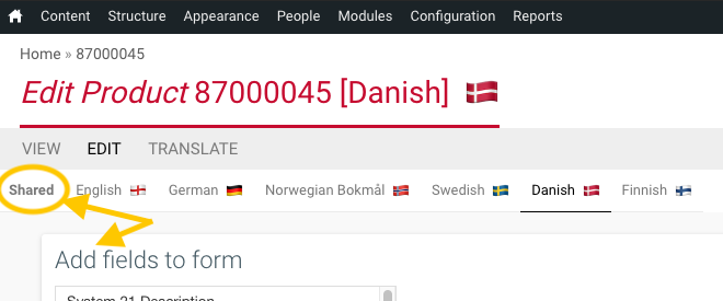 Screenshot of the top of an edit translation form, including Shared tab and Add fields to form widget