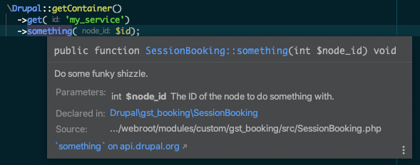 Quick documentation tooltip in PhpStorm for a custom method it recognises