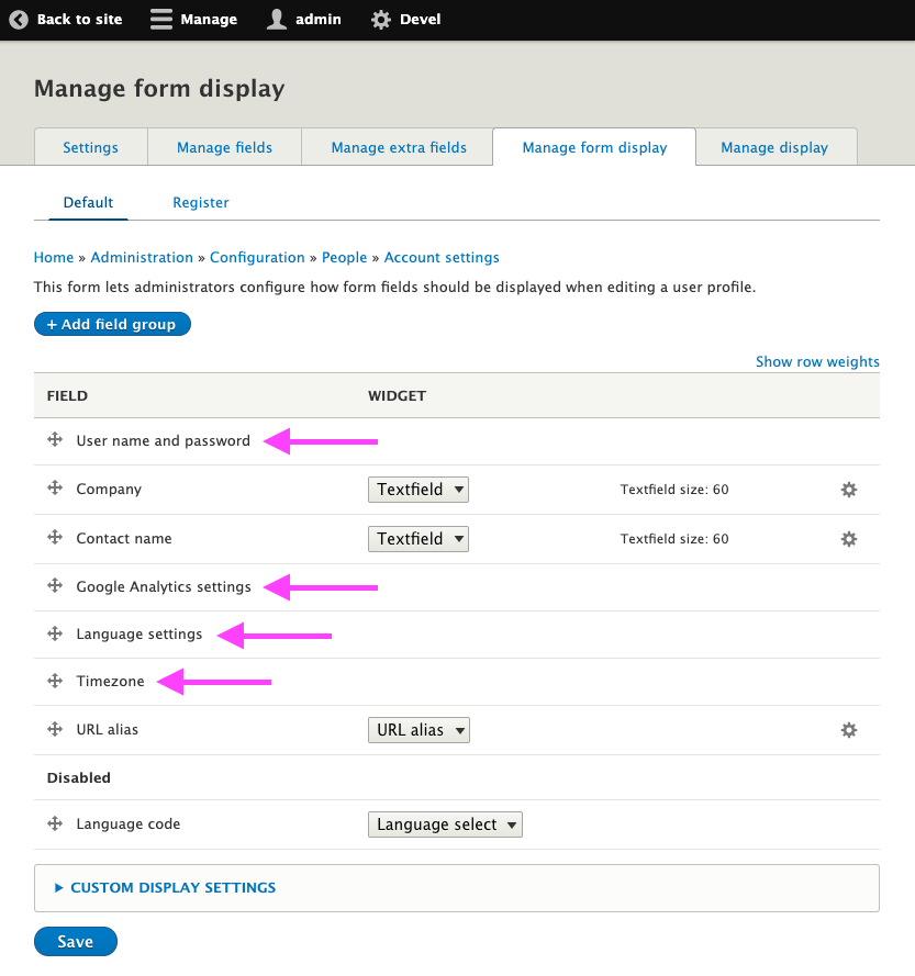 Profile display settings with 'extra fields' highlighted
