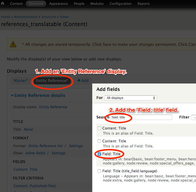 Set up an Entity Reference display with the 'Field: title' field