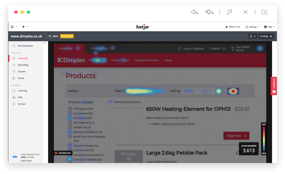 Hotjar Dimplex product page analysis