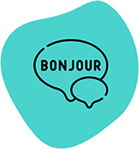 image of a line drawing with two speech bubbles, one with the word bonjour in it. 