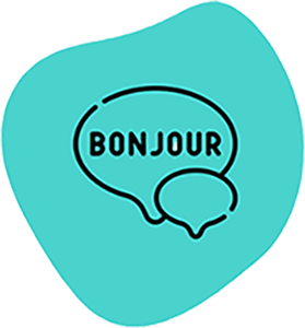 image of a line drawing with two speech bubbles, one with the word bonjour in it.