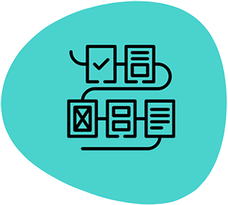 line drawing of 5 documents connected together with a thread.