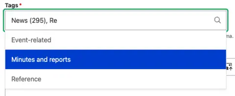 Screenshot of freetagging widget, with a 'News' category already selected, and 'Re' typed into the box with some suggestions containing those letters in a dropdown.