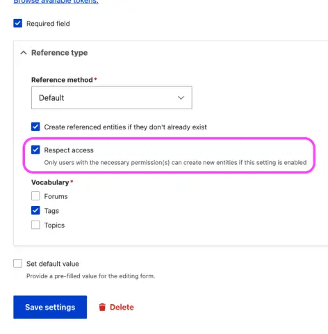 Screenshot of the 'Respect access' checkbox setting on the configuration page for a field, within Drupal's administrative UI.