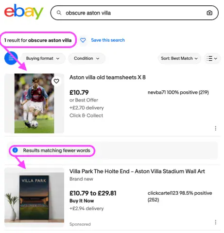 Screenshot demonstrating how ebay lists more suggestions beyond exact matches for searches: here user's search query of 'Obscure Aston Villa' only had one exact match, so other results are shown below for a wider resultset.