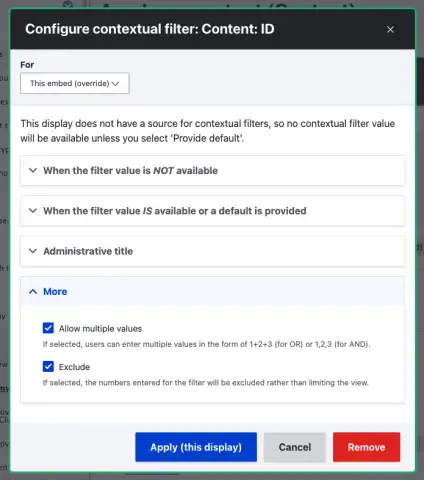Views' administrative interface for configuring IDs to exclude from a result set.