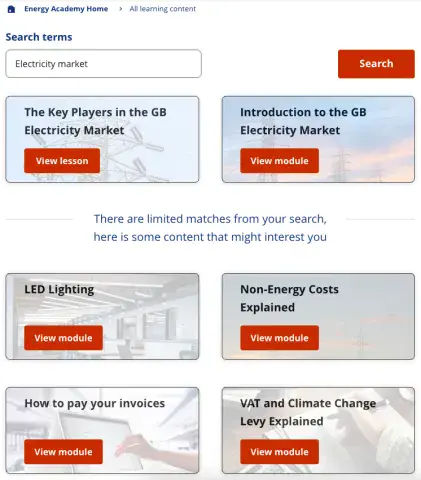Search results from an 'Energy Academy' website, showing a few cards linking to lessons about the Electricity Market, followed by the text "There are limited matches from your search, here is some content that might interest you" before more lesson cards.