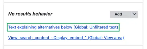 Views' administrative interface showing a static text plugin before the alternative views display plugin, both configured in the 'No results behaviour' section