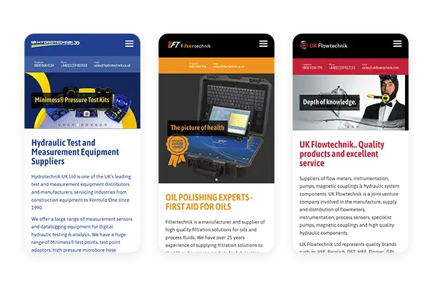 Mobile screenshots of the 3 sites' homepages