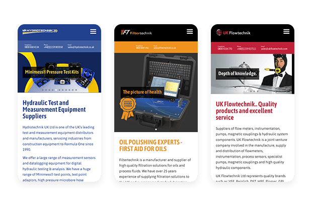 Mobile screenshots of the 3 sites' homepages