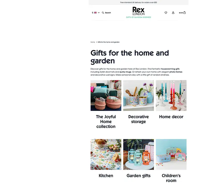 Image of the gifts for home and garden web page on the Rex London Website.