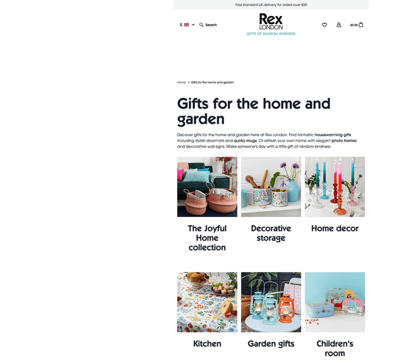 Image of the gifts for home and garden web page on the Rex London Website.