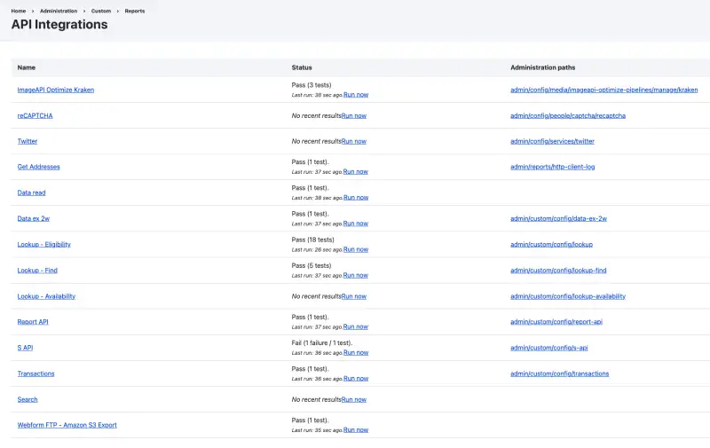 Screenshot of the API test report; a table with columns listing the endpoints and the results