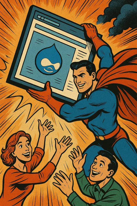 Comic-strip style image of a cape-wearing superhero rescuing a drupal website from an explosion, the site team happy at his success