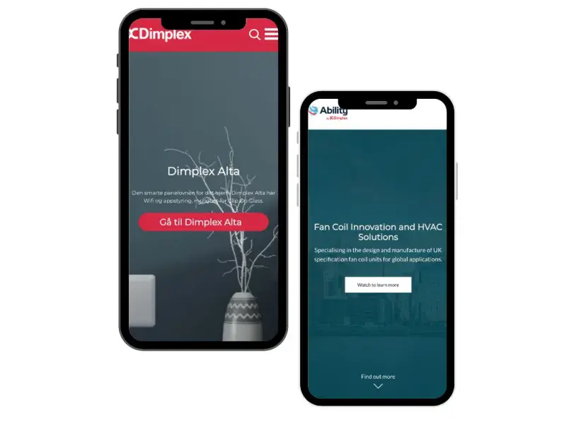 Two mobile phone renders with different brand sites showing on-screen