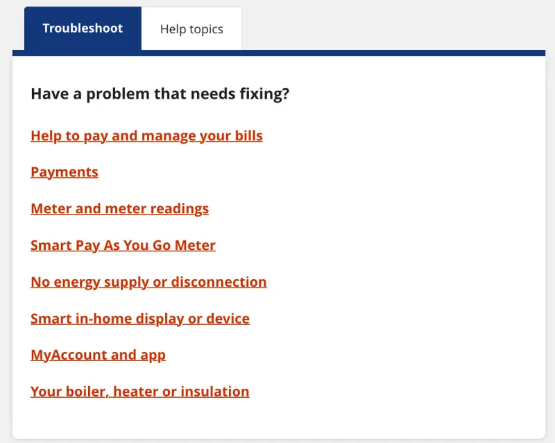 The new tile for starting a Help Centre journey - a list of clearly described links