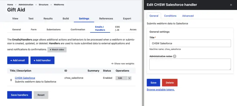 The Webform result handler configuration page