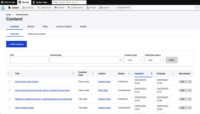 Drupal's Content administration screen