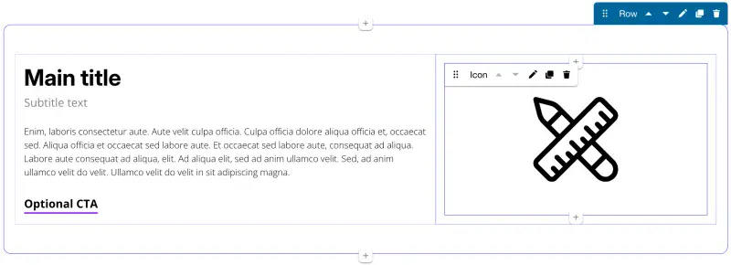 Layout Paragraphs interface demo with highlighted element outlines; a text + title + link element fills the 60% width left column and an svg icon fills the right