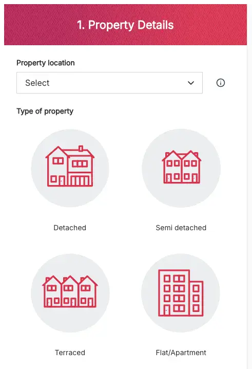The Dimplex in-page heating calculator on a narrow mobile screen; clear large icons guide the user through the experience