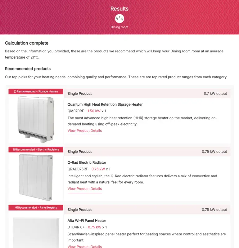 Dimplex Heating Calculator Results - some guidance followed by curated product images and links