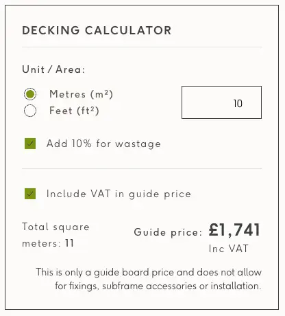 The Decking Calculator, with simple inputs for area in m2, wastage and VAT and then the final coverage and price for the boards.