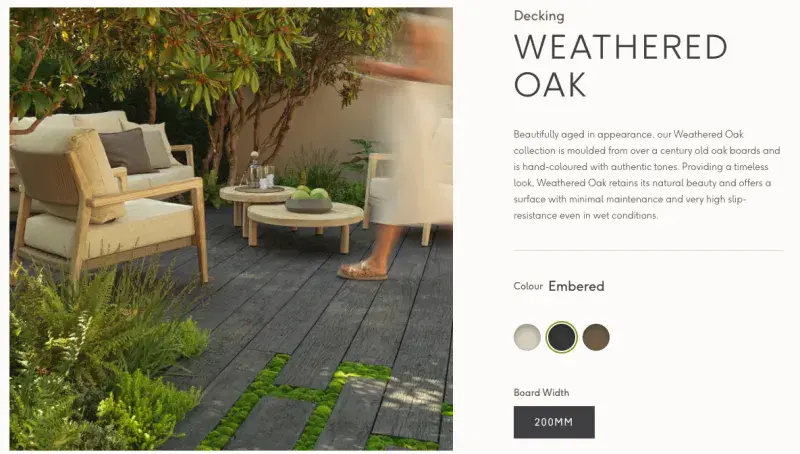 A millboard product page, with a gorgeous garden deck photo on the left and product description on the right.