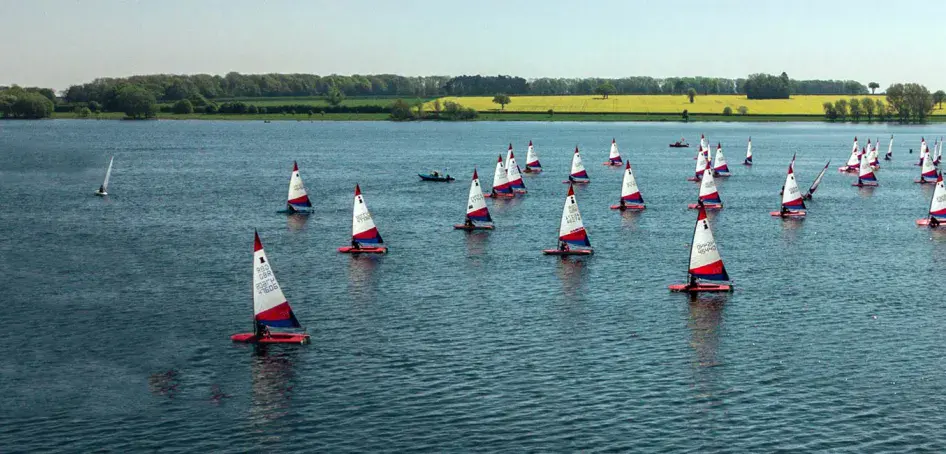 image of an expanse of water with many small white sailing boats on it. 