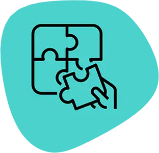 line drawing of a 4 piece jigsaw with a hand holding one piece.