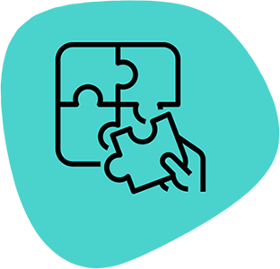 line drawing of a 4 piece jigsaw with a hand holding one piece.