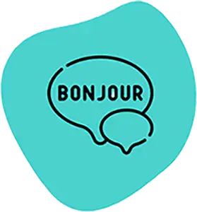 image of a line drawing with two speech bubbles, one with the word bonjour in it.