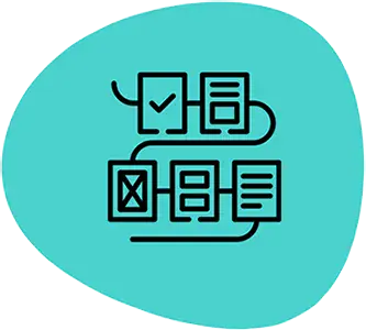 line drawing of 5 documents connected together with a thread.