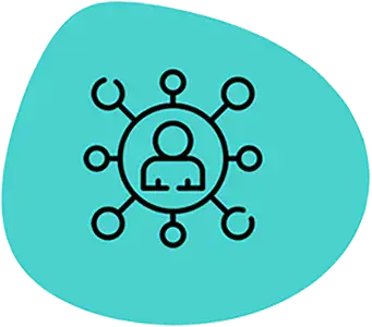 line drawing of a circle with a person inside of it. There are several smaller icons around the outside connected to the middle circle.
