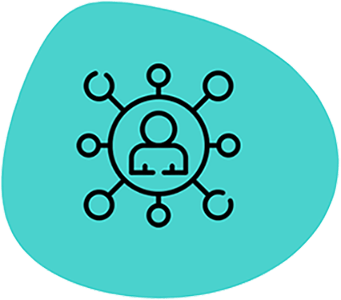 line drawing of a circle with a person inside of it. There are several smaller icons around the outside connected to the middle circle.