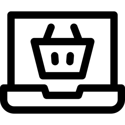 Line drawing of a laptop with a shopping basket on the screen