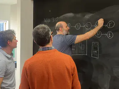Web developers gathered round a blackboard wall as one draws out the problem diagram