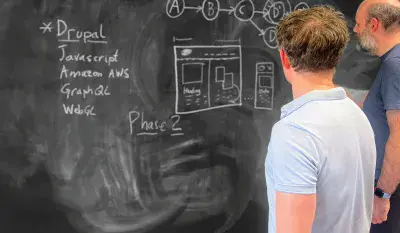 Two Computer Minds solving problems on a floor-to-ceiling blackboard