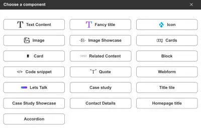 The Layout Paragraphs "Component selection" popup, with all the different elements you can add to the page