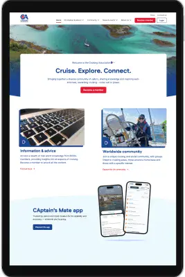 Screenshot of the Cruising Association website displayed on a black tablet.