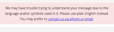 Screenshot of validation failure message