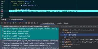 Screenshot of IDE with flow having paused at breakpoint as exception is to be thrown. The $stacks variable contains two stacks.