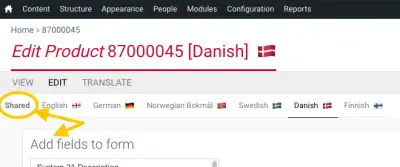 Screenshot of the top of an edit translation form, including Shared tab and Add fields to form widget